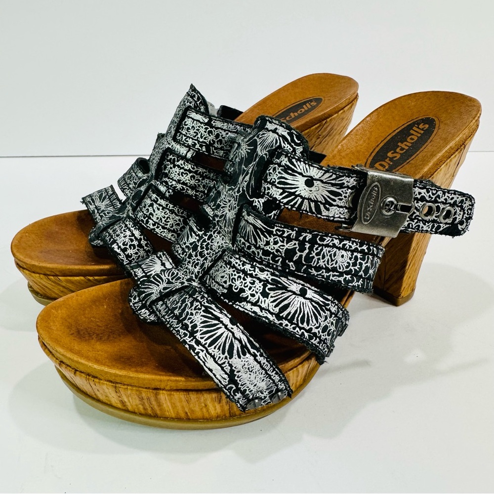 ULTRA RARE DR SCHOLL’S 3” SIZE 6 PLATFORM SANDALS BLACK WITH SILVER PATTERN